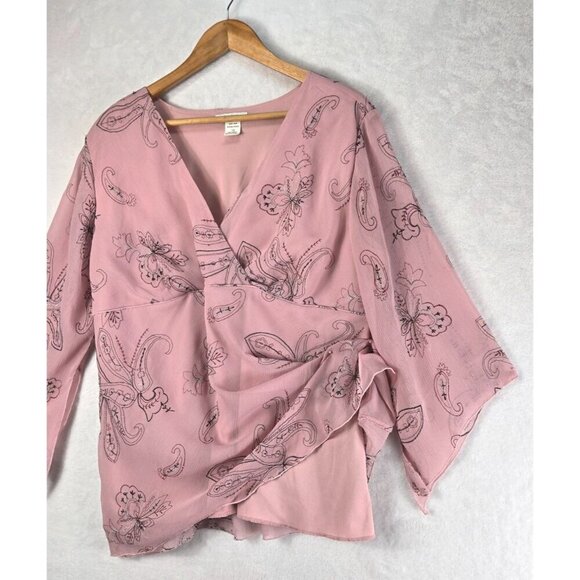 Pink Tunic Blouse Kimono Sleeve 1X Dressbarn Paisley Floral Whimsygoth Fairycore - Picture 3 of 14